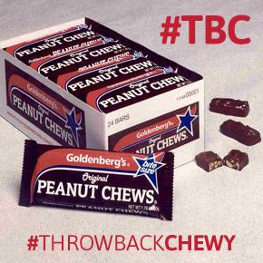 Goldenberg's Peanut Chews candy bars in box with hashtags #throwbackchewy and #tbc